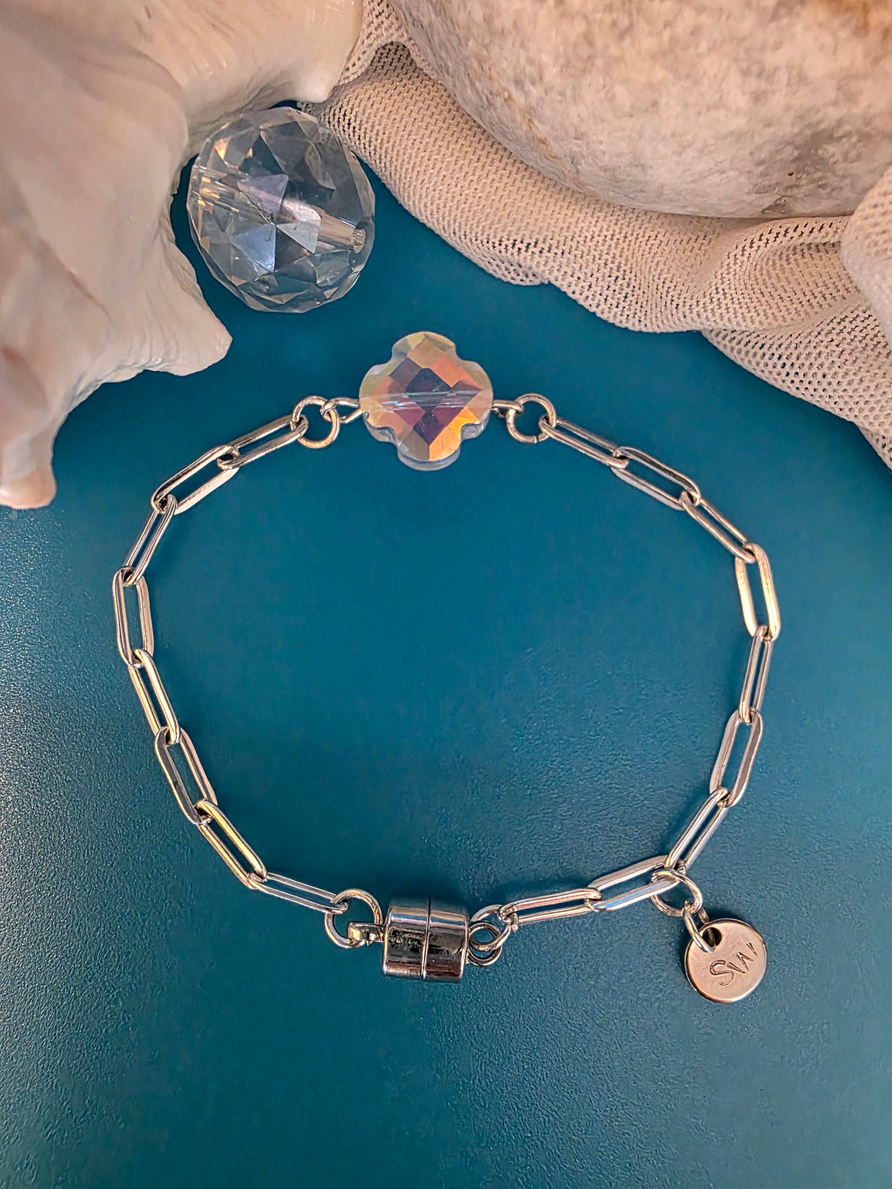 Crystal Clover Paperclip Chain Bracelet (Silver Tone)
