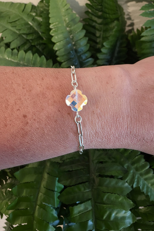 Crystal Clover Paperclip Chain Bracelet (Silver Tone)